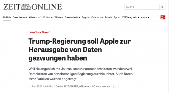 ZEITonline: Apple zur Herausgabe von Daten gezwungen