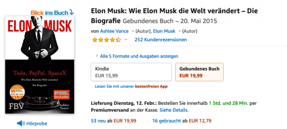 Abbildung der Artikelseite "Elon Musk" (Biografie) auf Amazon